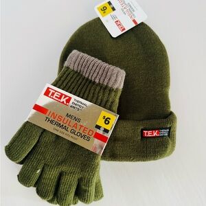 Men's T.E.K. Brand Olive Green Insulated Thermal Hat and Gloves Set